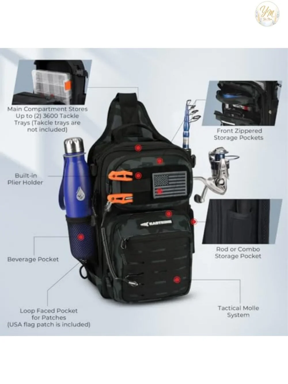 Tactical Fishing Sling Backpack with Rod Holder, Molle System, Water Resistant